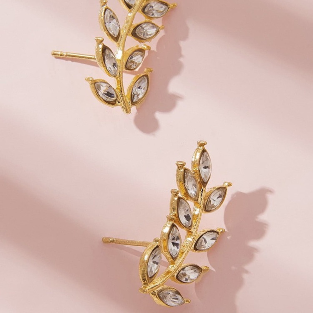 Rhinestone Leaf Stud Earrings - image 3
